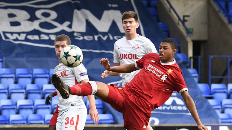 Rhian Brewster in action during the UEFA Youth League group E match against Spartak Moscow at Prenton Park