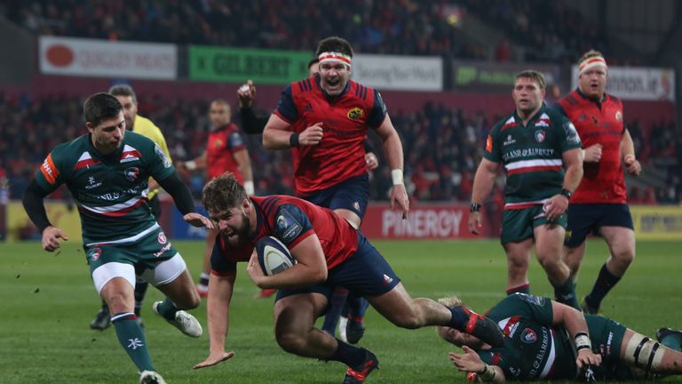 Munster's Rhys Marshall scores a try during the European Rugby Champions Cup, Pool Four match at Thomond Park, Limerick.