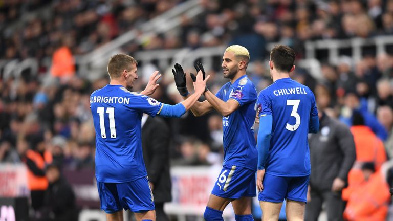 Riyad Mahrez of Leicester City celebrates scoring the first Leicester goal with Marc Albrighton v Newcastle