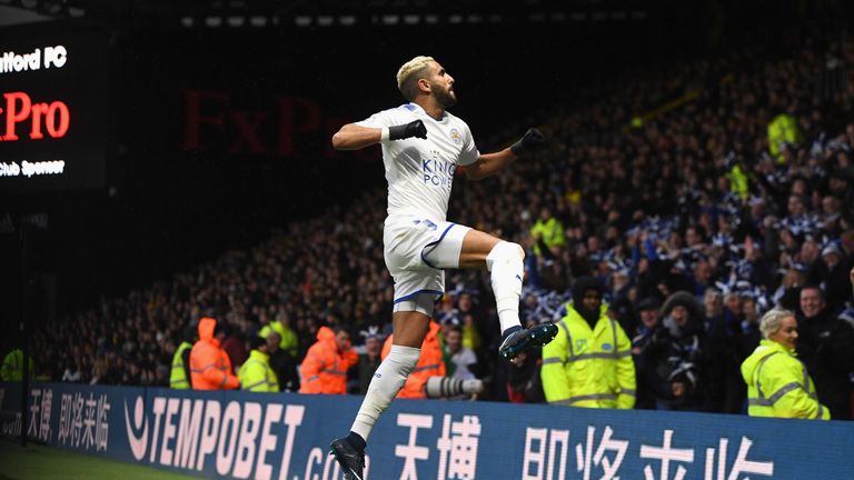 WATFORD, ENGLAND - DECEMBER 26:  Riyad Mahrez of Leicester City celebrates scoring the opening goal during the Premier League match between Watford and Lei