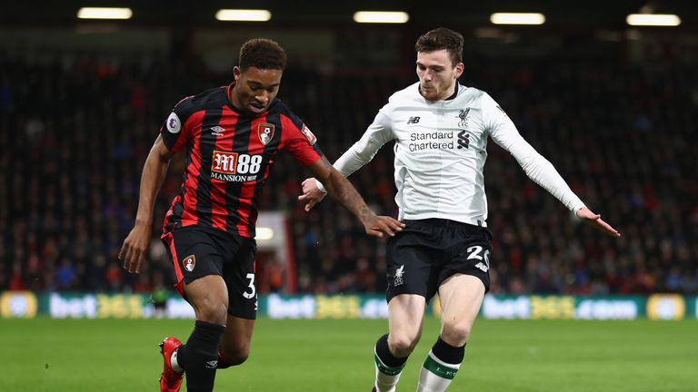 BOURNEMOUTH, ENGLAND - DECEMBER 17:  Jordon Ibe of AFC Bournemouth battles for possesion with Andy Robertson of Liverpool during the Premier League match b