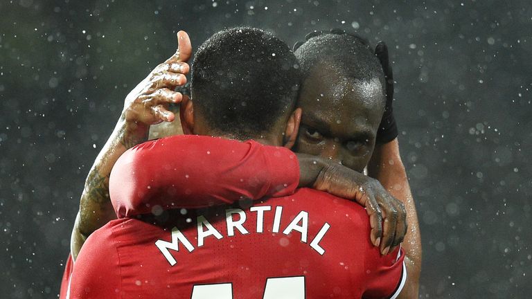 Romelu Lukaku celebrates his goal with Anthony Martial