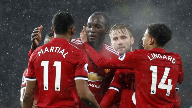 Romelu Lukaku (centre left) celebrates scoring Manchester United's first goal of the game with team-mates during the Premier League match v Bournemouth