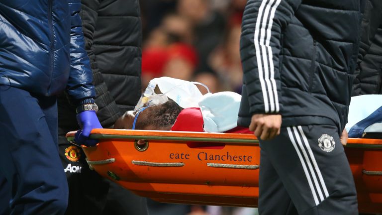 An injured Romelu Lukaku of Manchester United is stretchered off on Saturday night