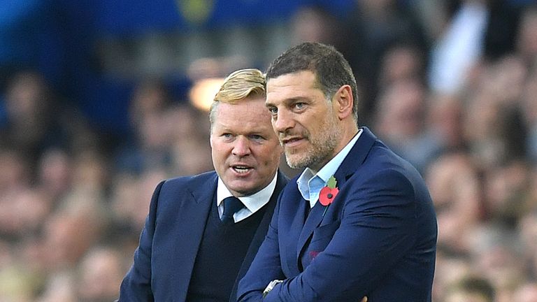 Everton manager Ronald Koeman (left) and West Ham United manager Slaven Bilic during the Premier League match at Goodison Park, Liverpool.