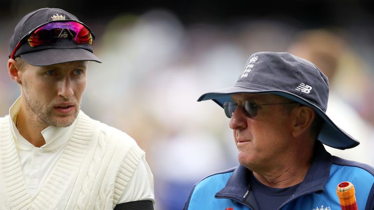 ADELAIDE, AUSTRALIA - DECEMBER 02: Joe Root of England and England Head Coach Trevor Bayliss speak as they prepare for day one of the Second Test match dur