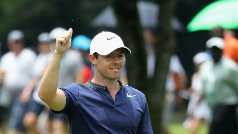 JOHANNESBURG, SOUTH AFRICA - JANUARY 14:  Rory McIlroy of Northern Ireland celebrates making an Eagle on the seventh hole during the third round of the BMW