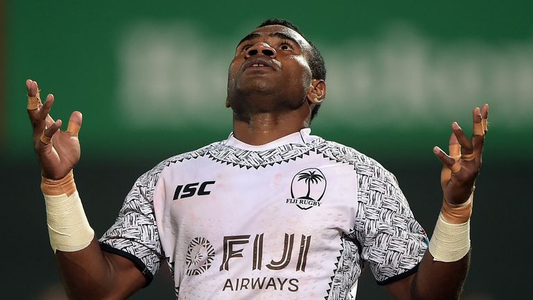Jerry Tuwai of Fiji celebrates scoring a try during the match between Fiji and Australia 