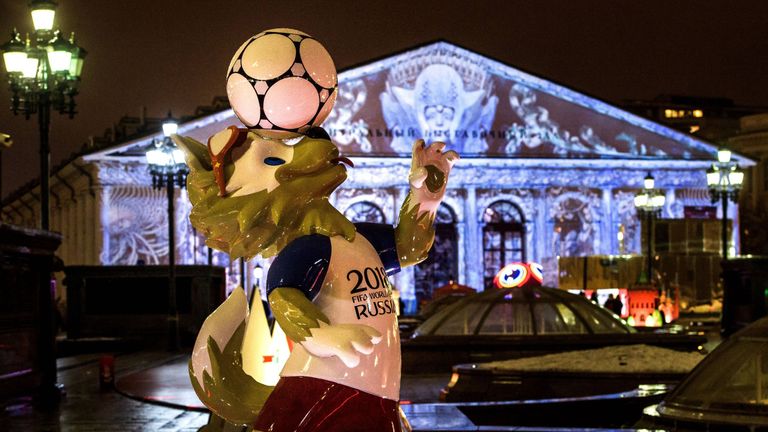 A photograph taken on December 11, 2017 shows the FIFA World Cup 2018 mascot Zabivaka in front of the Manege Exhibition Hall outside the Kremlin in Moscow.