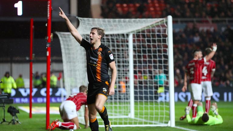 Wolverhampton Wanderers' Ryan Bennett celebrates scoring the winner against Bristol City