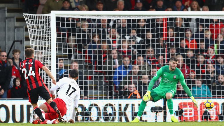 BOURNEMOUTH, ENGLAND - DECEMBER 03: Ryan Fraser of AFC Bournemouth scores his sides first goal past Fraser Forster of Southampton during the Premier League