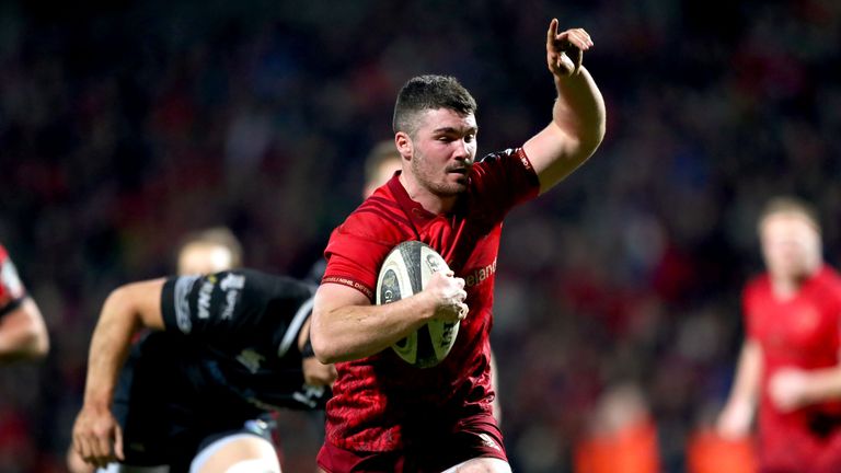 2/12/2017.Munster vs Ospreys.Munster's Sam Arnold celebrates scoring his sides opening try.