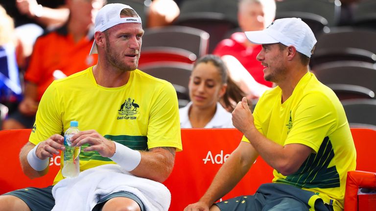 Sam Groth (L) and Lleyton Hewitt of Australia (R) chat 