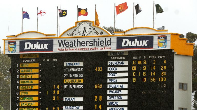 PERTH, AUSTRALIA - DECEMBER 17: The scoreboard is seen at the end of days play after play was abandoned due to rain during day four of the Third Test match