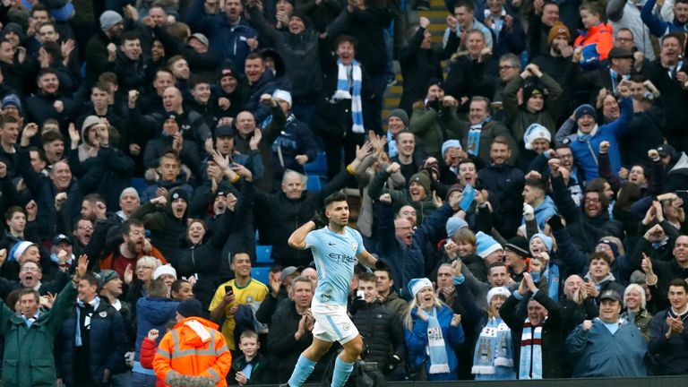 Manchester City's Sergio Aguero celebrates scoring his side's first goal of the game during the Premier League match at the Etihad Stadium, Manchester.