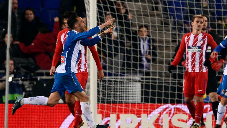 Sergio Garcia wheels away in celebration after putting Espanyol into the lead