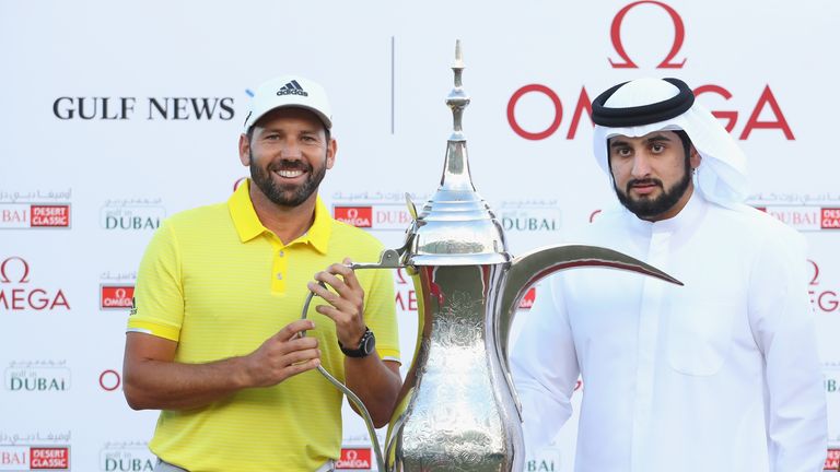 DUBAI, UNITED ARAB EMIRATES - FEBRUARY 05:  Sergio Garcia of Spain is presented with the trophy by His Highness Shaikh Ahmed Bin Mohammed Bin Rashid Al Mak