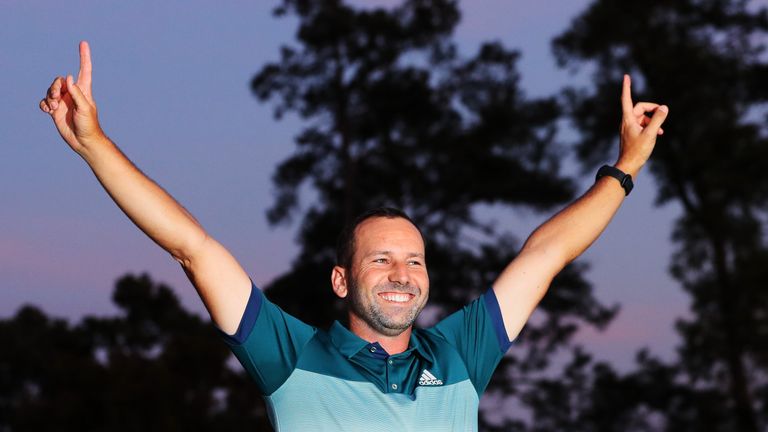 AUGUSTA, GA - APRIL 09:  Sergio Garcia of Spain celebrates during the Green Jacket ceremony after he won in a playoff during the final round of the 2017 Ma