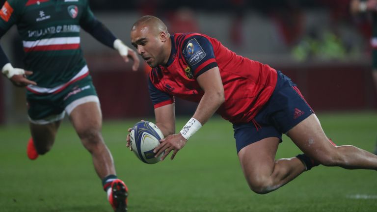 Munster's Simon Zebo scores a try during the European Rugby Champions Cup, Pool Four match at Thomond Park, Limerick.