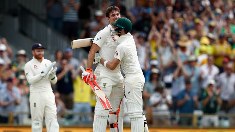 PERTH, AUSTRALIA - DECEMBER 16:  Mitchell Marsh of Australia celebrates his century with Steve Smith during day three of the Third Test match during the 20