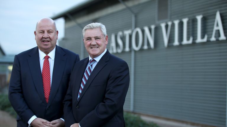 New Aston Villa manager Steve Bruce (right) and Aston Villa CEO Keith Wyness pose for a photo after a press conference at Bodymoor Heath Training Ground, B