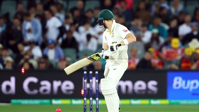 ADELAIDE, AUSTRALIA - DECEMBER 02:  Steve Smith of Australia is bowled by Craig Overton of England during day one of the Second Test match during the 2017/