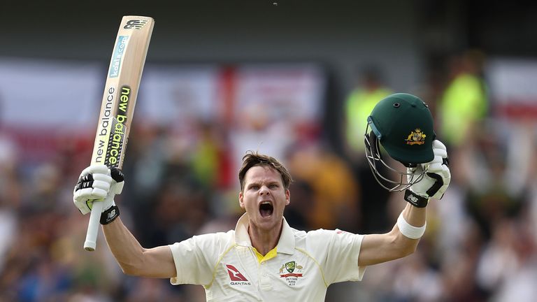 Steve Smith of Australia celebrates after reaching his double century during day three of the Third Test