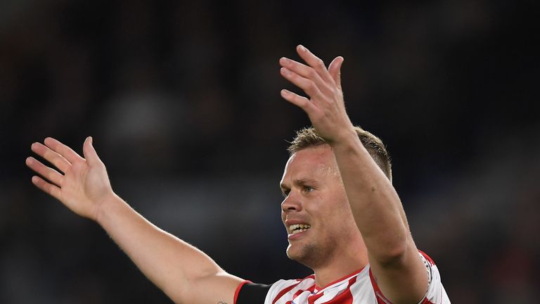 BRIGHTON, ENGLAND - NOVEMBER 20:  Ryan Shawcross of Stoke gestures during the Premier League match between Brighton and Hove Albion and Stoke City at Amex 