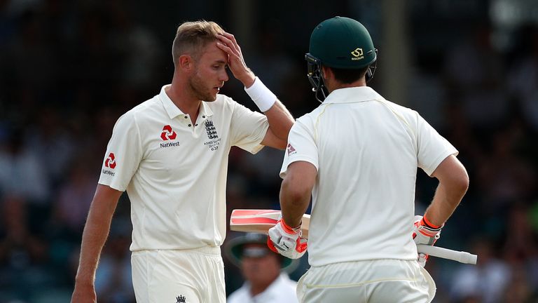 PERTH, AUSTRALIA - DECEMBER 16: Stuart Broad of England reacts after being hit to the boundary by Mitchell Marsh of Australia during day three of the Third