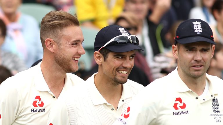 ADELAIDE, AUSTRALIA - DECEMBER 02: Stuart Broad, Alastair Cook and James Anderson of England look on during day one of the Second Test match during the 201