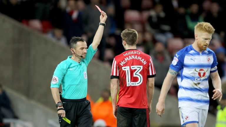 Sunderland's Callum McManaman is sent off by referee Keith Stroud