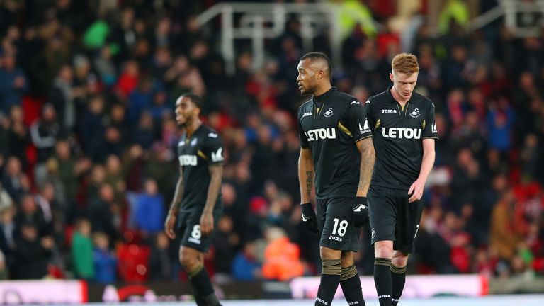STOKE ON TRENT, ENGLAND - DECEMBER 02: Jordan Ayew of Swansea City look dejected during the Premier League match between Stoke City and Swansea City at Bet