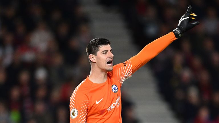 Chelsea's Belgian goalkeeper Thibaut Courtois gestures during the English Premier League football match between Bournemouth and Chelsea at the Vitality Sta