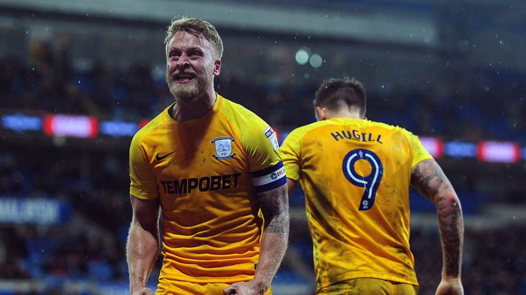 Tom Clarke celebrates scoring for Preston against Cardiff 