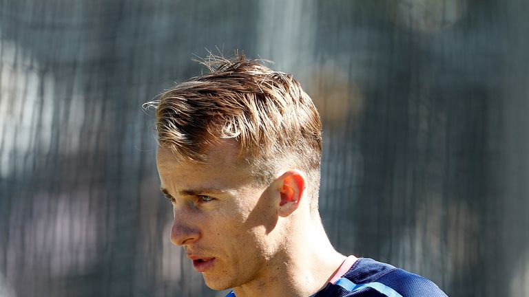 PERTH, AUSTRALIA - DECEMBER 13: Tom Curran of England looks on during an England nets session ahead of the Third Test of the 2017/18 Ashes Series at the WA