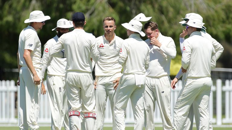 PERTH, AUSTRALIA - DECEMBER 10: Tom Curran of England celebrates after taking the wicket of Sam Harper of the Cricket Australia XI during the Two Day tour 