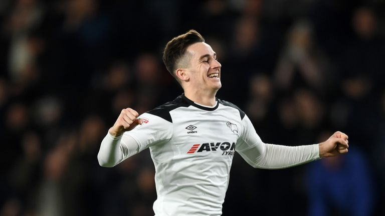 DERBY, ENGLAND - NOVEMBER 21:  Tom Lawrence of Derby celebrates scoring his team's second goal during the Sky Bet Championship match between Derby County a