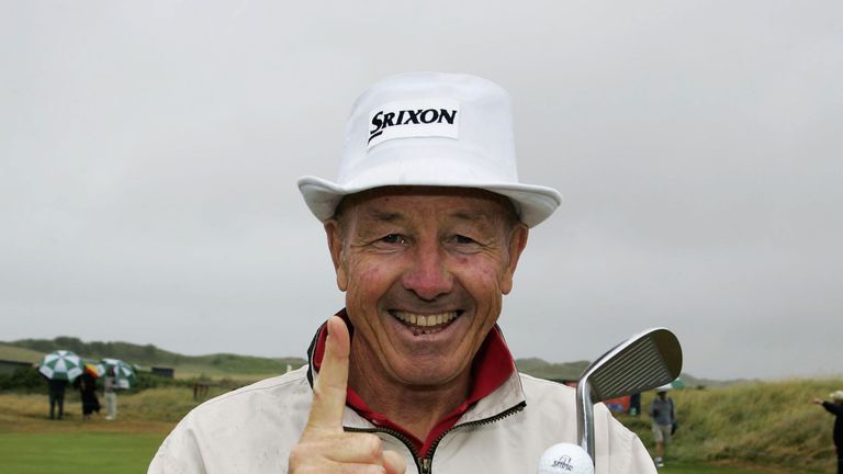 HARLECH, ENGLAND - JULY 1:  Tommy Horton poses after his hole in one on the 18th hole during the first round of the Ryder Cup Wales Seniors Open at the Roy