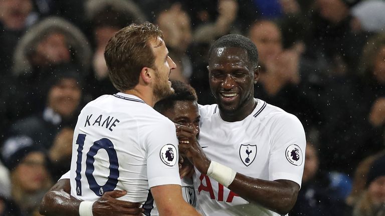 Serge Aurier celebrates with Harry Kane and and Moussa Sissoko