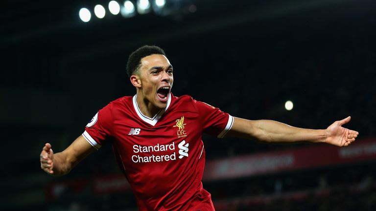 Trent Alexander-Arnold of Liverpool celebrates after scoring his side's third goal