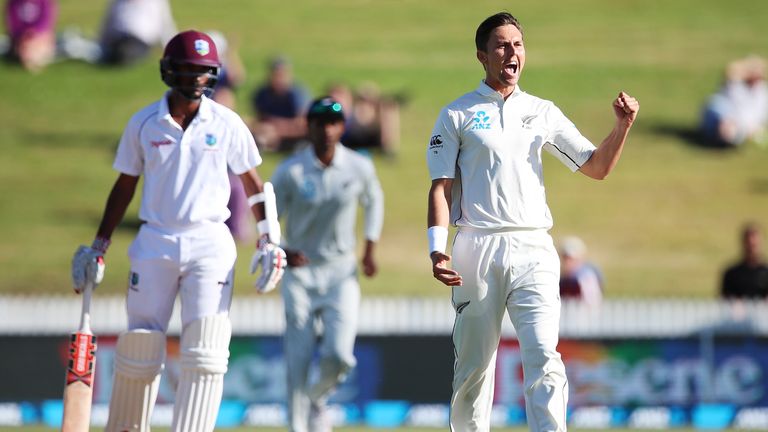 Trent Boult of New Zealand celebrates the wicket of Kieran Powell of the West Indies during day three of the Second Test