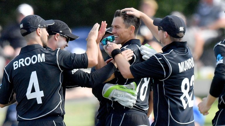 New Zealand's Trent Boult (C) celebrates dismissing West Indies batsman Sheldon Cottrell during the second one-day international (ODI) cricket match betwee