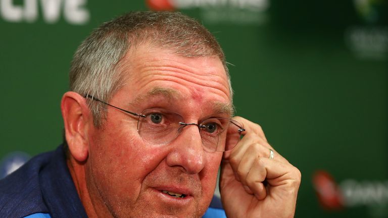 PERTH, AUSTRALIA - DECEMBER 18:  Trevor Bayliss, head coach of England addresses the media after after being defeated during day five of the Third Test mat
