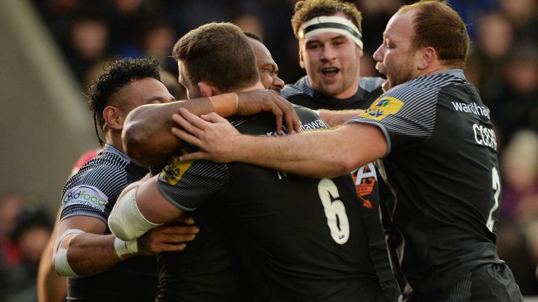 NEWCASTLE UPON TYNE,DECEMBER 23 2017: Vereniki Goneva of the Falcons celebrates scoring a try in the first half with his team mates against Harlequins