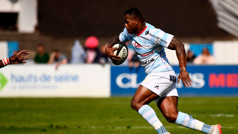 Racing 92's centre Virimi Vakatawa runs with the ball during the TOP14 rugby union match Racing 92 against Oyonnax at The Yves Du Manoir Stadium in Colombe