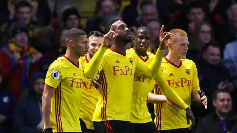 WATFORD, ENGLAND - DECEMBER 26:  Molla Wague of Watford celebrates scoring his team's opening goal during the Premier League match between Watford and Leic