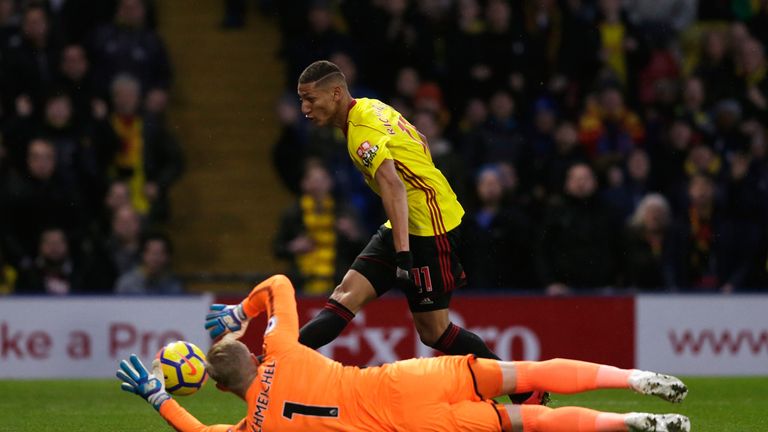 WATFORD, ENGLAND - DECEMBER 26:  Richarlison of Watford fails to score past Kasper Schmeichel of Leicester City during the Premier League match between Wat
