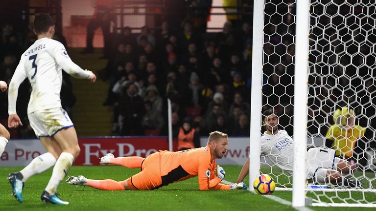 WATFORD, ENGLAND - DECEMBER 26:  Kasper Schmeichel of Leicester City scores an own goal during the Premier League match between Watford and Leicester City 