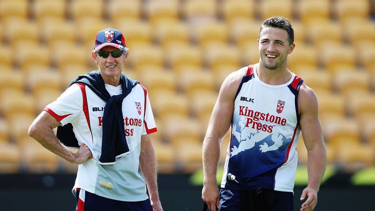 AUCKLAND, NEW ZEALAND - NOVEMBER 24:  Head coach Wayne Bennett and Sam Burgess look on during the England Rugby League World Cup Semi Final Captain's run,