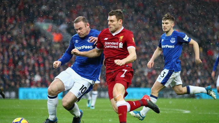 Wayne Rooney of Everton and James Milner of Liverpool battle for the ball during the Premier League match at Anfield